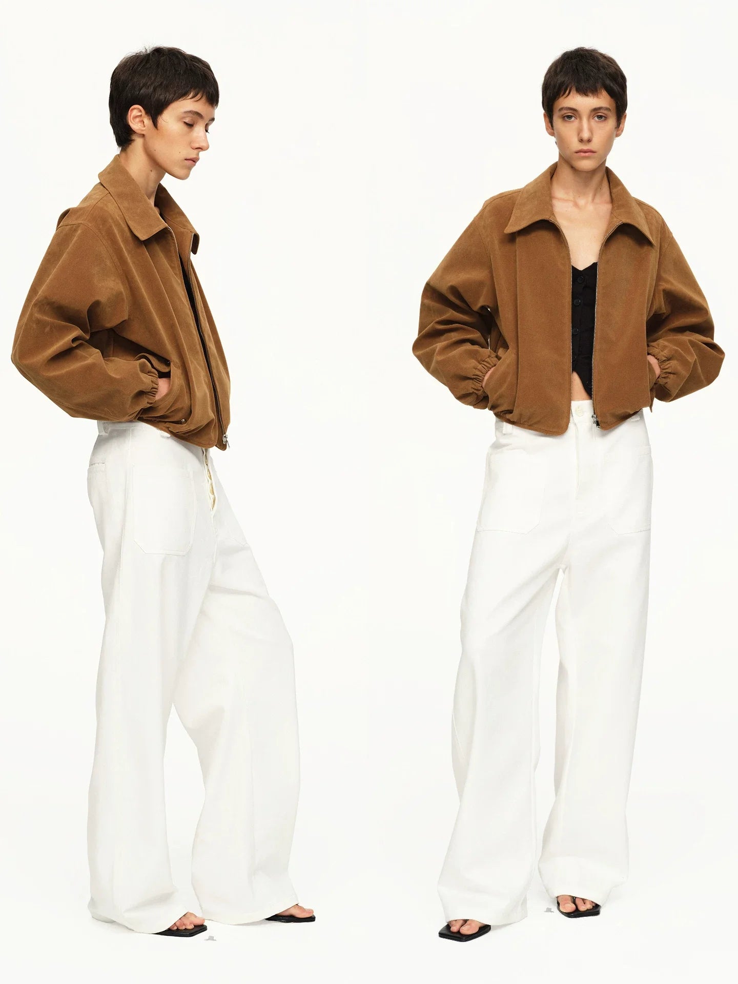 Kybecs | Women’s Khaki Suede Off-Shoulder Loose Short Jacket for Autumn and Winter