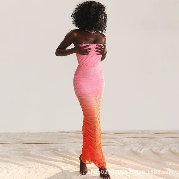 Kybecs| Gradient Tie-Dye Strapless Corset Maxi Dress for Women – Elegant Structured Style