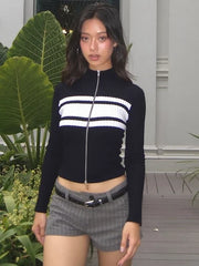 Kybecs | High Street Striped Zip Cardigan Slim Wool Sweater for Autumn Winter
