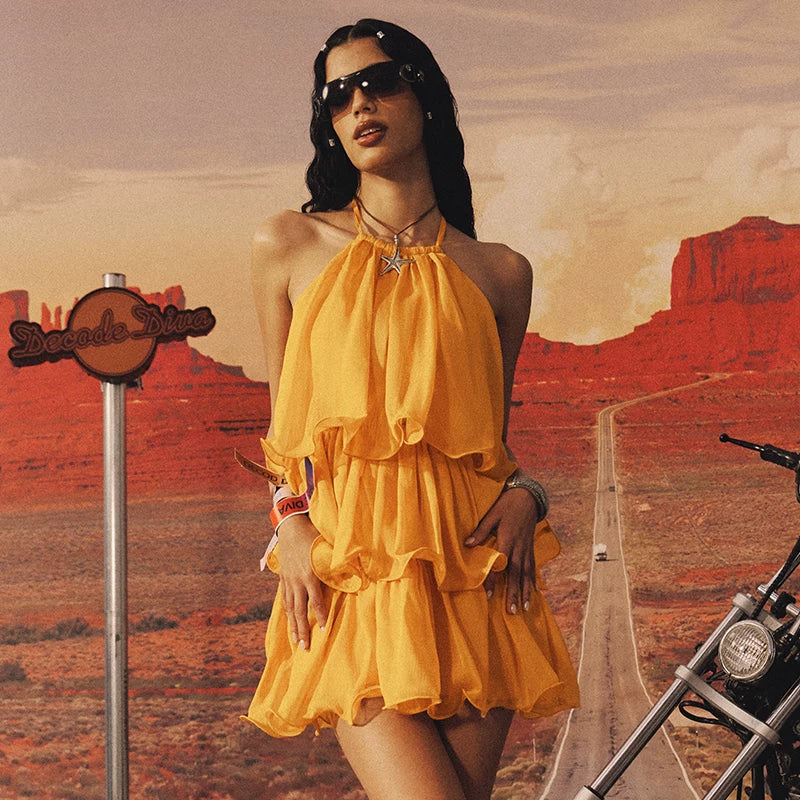 Kybecs | Romantic Lotus Leaf Silk Mini Dress Vacation Wear