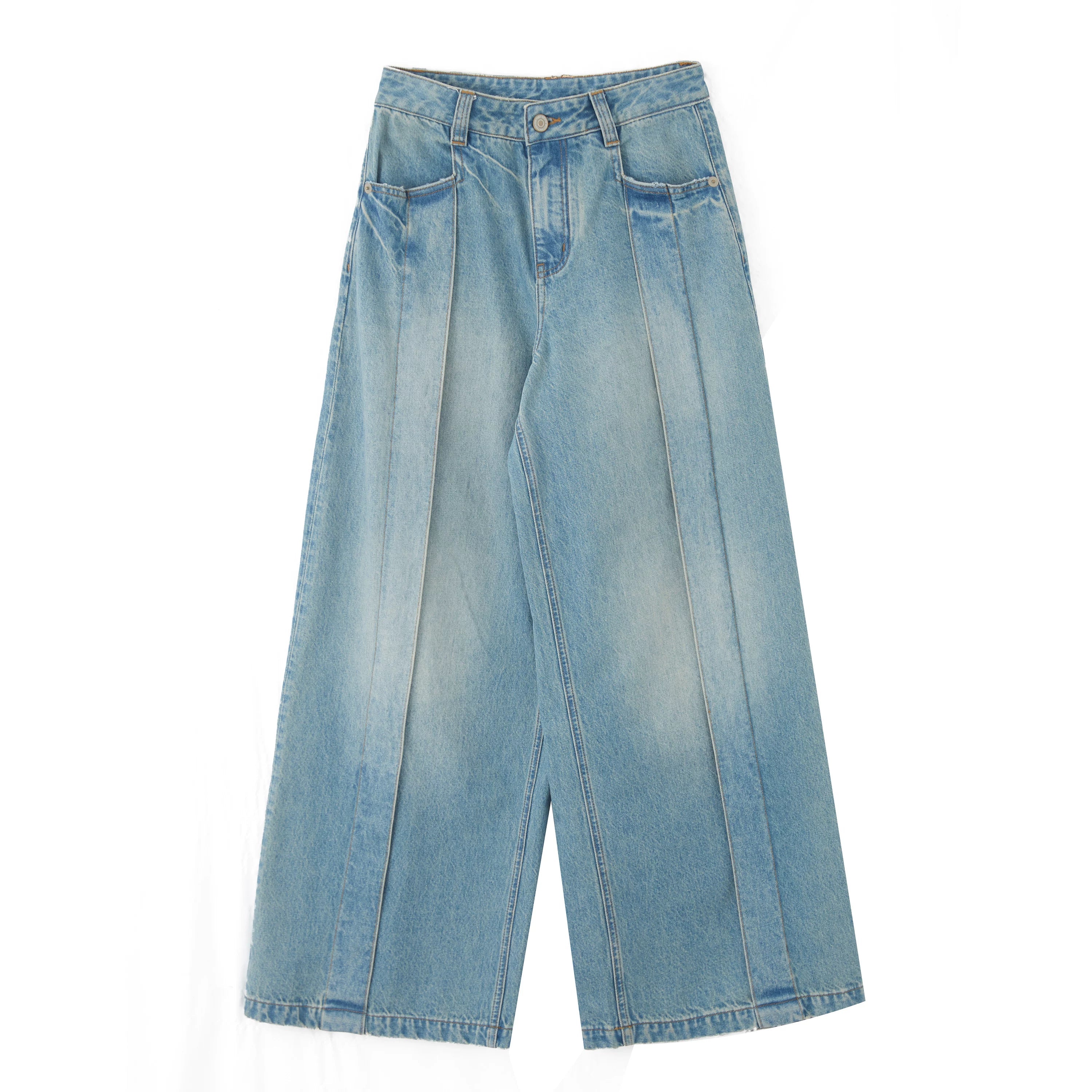 Kybecs| Women’s Loose-Fit Cotton Wide-Leg Jeans – Light-Washed Distressed Retro Straight Pants