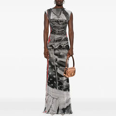 Kybecs| Cat Print High-Waist Midi Dress for Women – Round Neck Hip-Covering Design