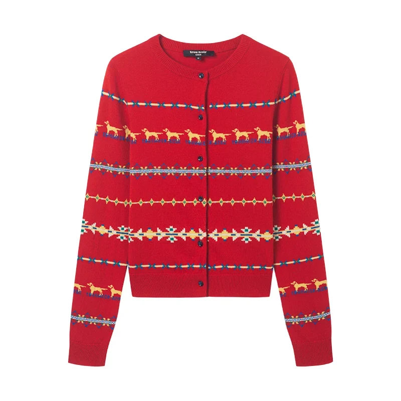 Kybecs | Women’s Red Fair Isle Knit Cardigan with Nordic Pattern