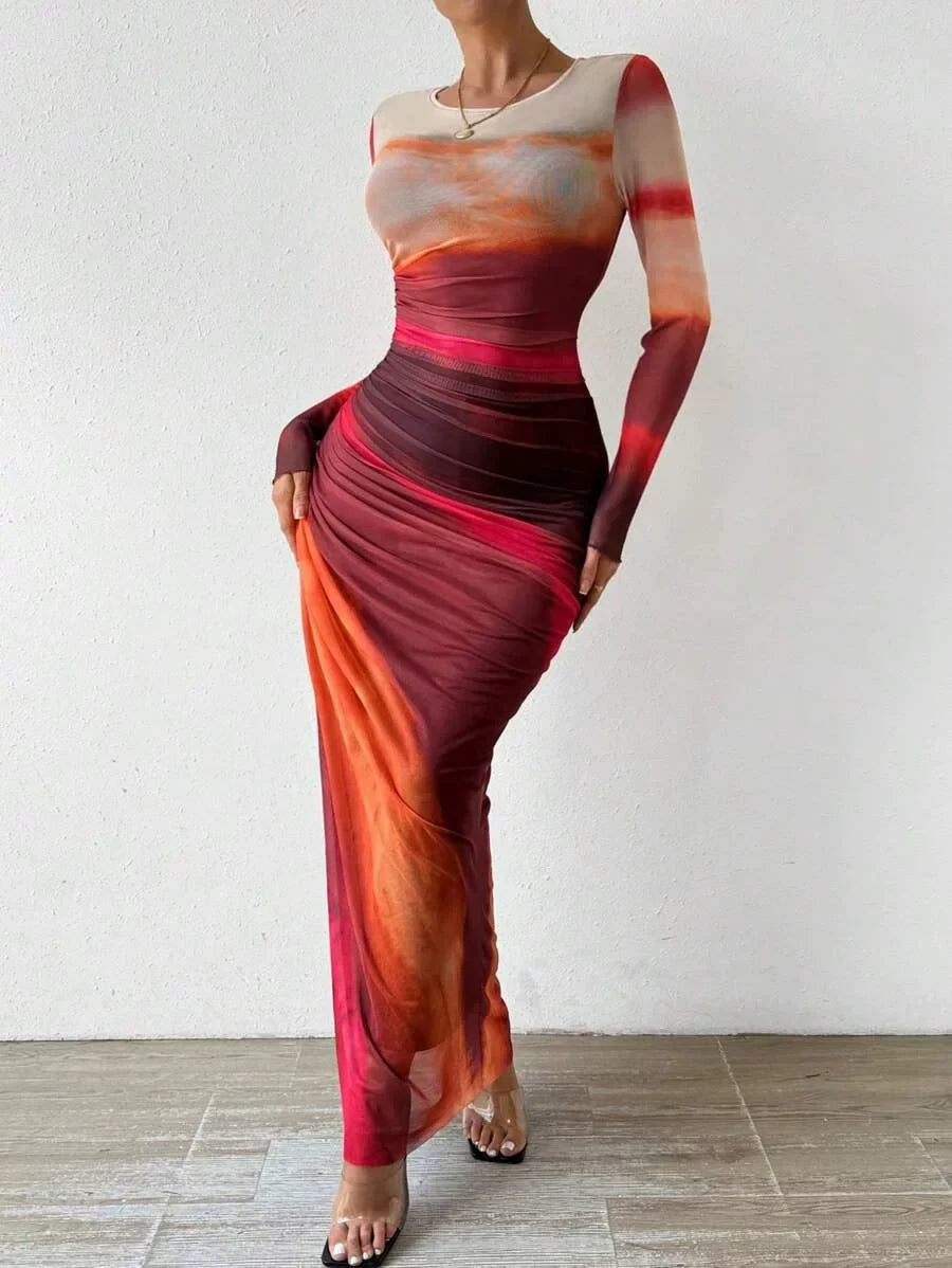 Kybecs| Tie-Dye Pleated Slim Fit maxi Dress for Women – Elegant Long Sleeve Commuter Style