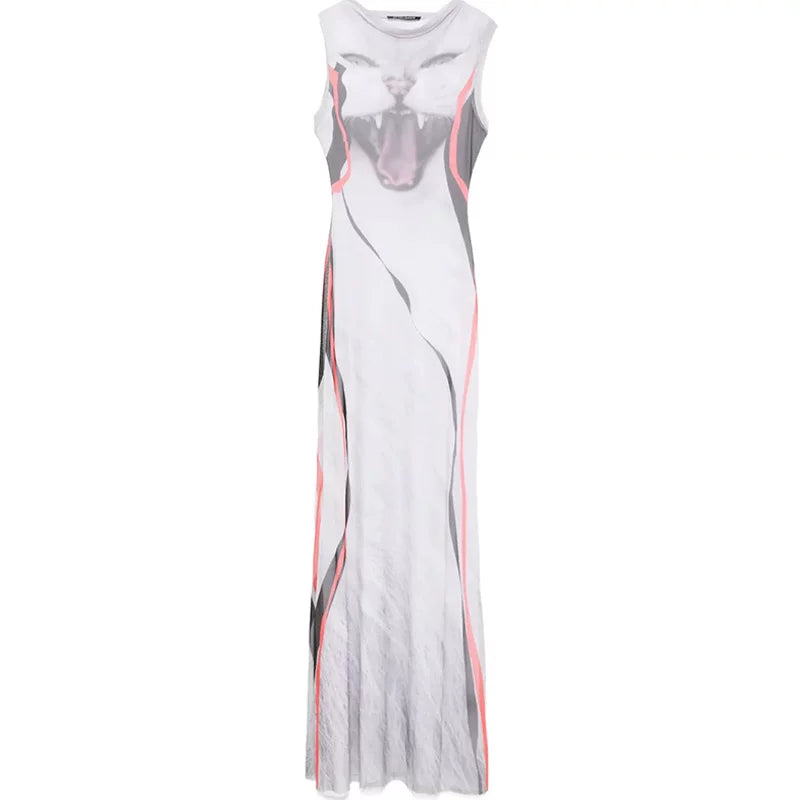 Kybecs| Cat Print High-Waist Midi Dress for Women – Round Neck Hip-Covering Design