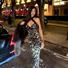 Kybecs| Leopard Print V-Neck Halterneck Midi Dress for Women – Slim Fit Long Skirt Design