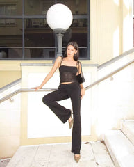 Kybecs| Women’s Black Lace Pleated Low-Waist Slim Flared Pants with Drawstring Waist