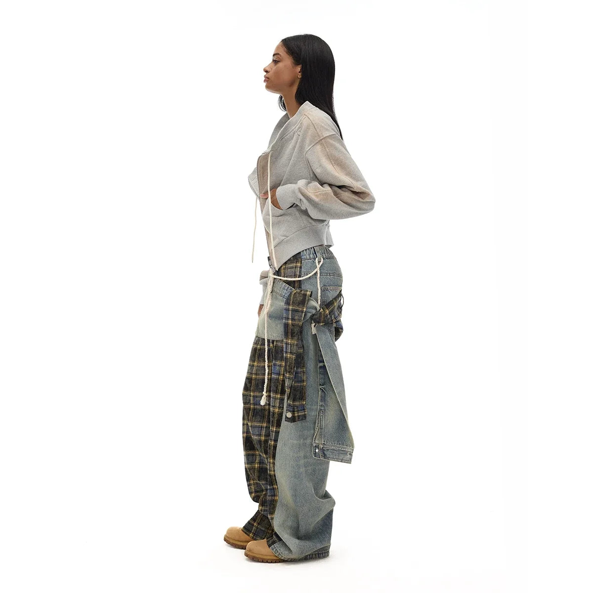 Kybecs| Women’s Plaid Denim Trousers with Detachable Girdle – Multi-Wear Fall and Winter Style