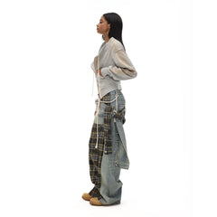 Kybecs| Women’s Plaid Denim Trousers with Detachable Girdle – Multi-Wear Fall and Winter Style