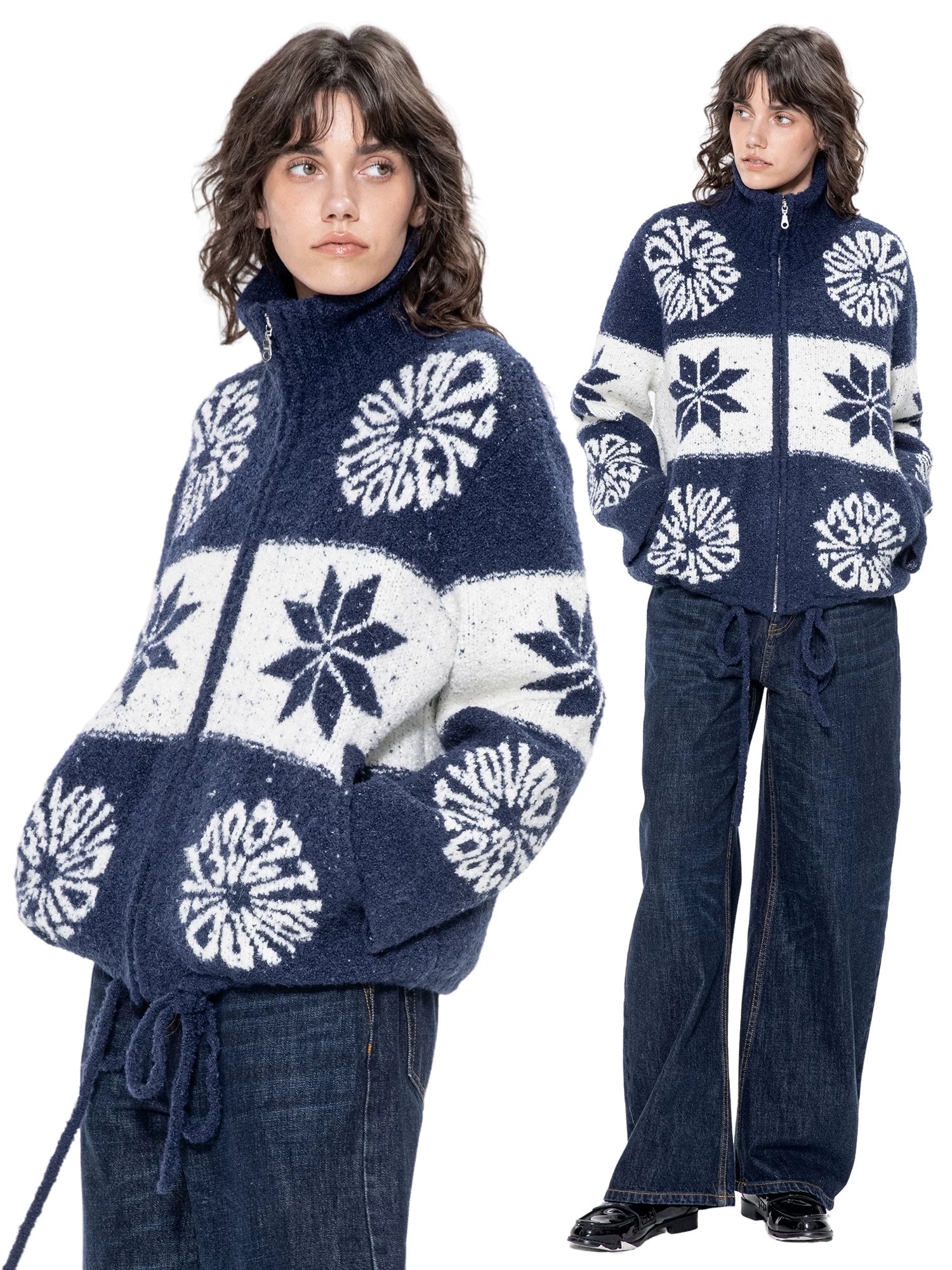 Kybecs | Autumn Winter Fair Isle Loose Cardigan Icelandic Flower Knit Jacket