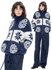 Kybecs | Autumn Winter Fair Isle Loose Cardigan Icelandic Flower Knit Jacket