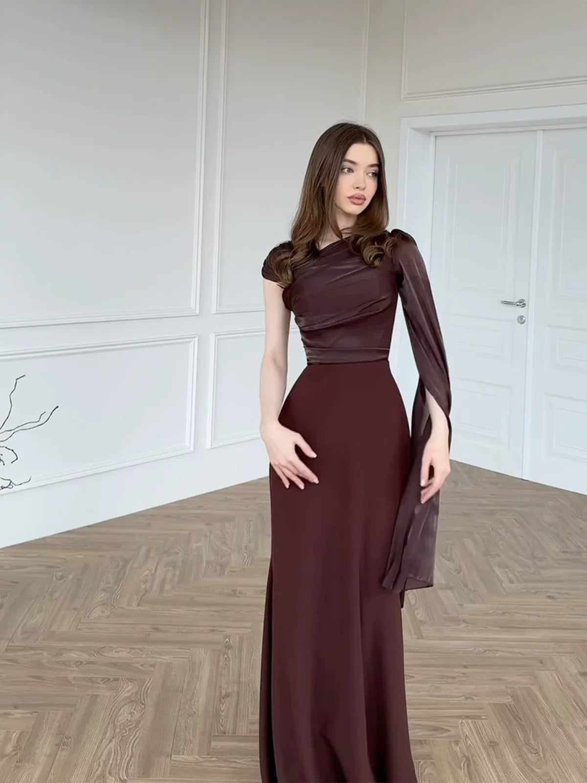 Kybecs| Single Long Sleeve Silky Maxi Dress for Women – Elegant Slim Fit Formal Style