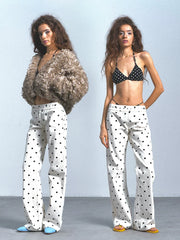 Kybecs| Women’s Polka-Dot Studded Cotton Straight-Leg Mid-Rise Trousers