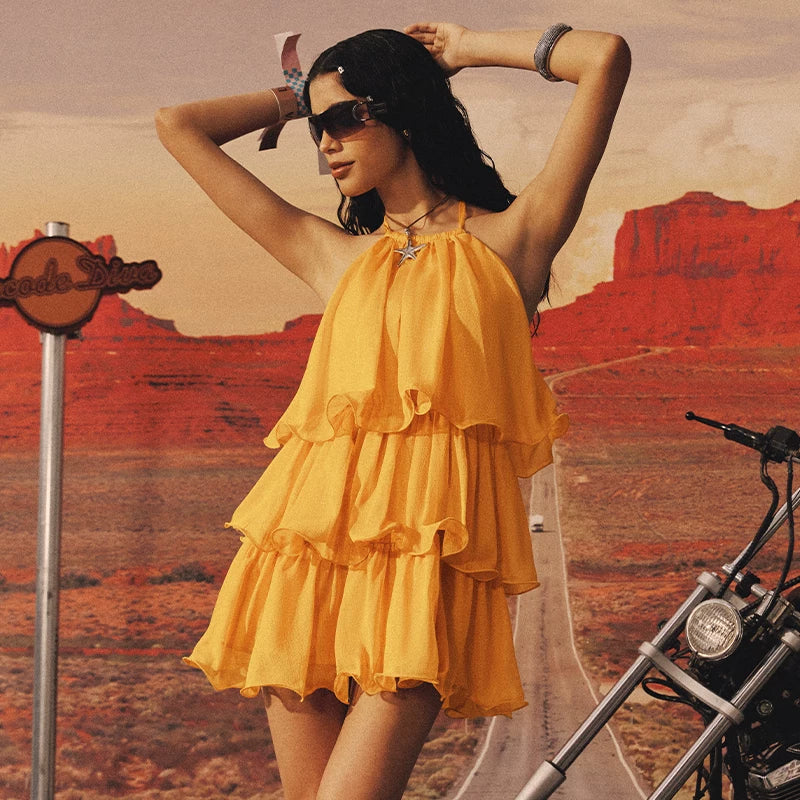 Kybecs | Romantic Lotus Leaf Silk Mini Dress Vacation Wear