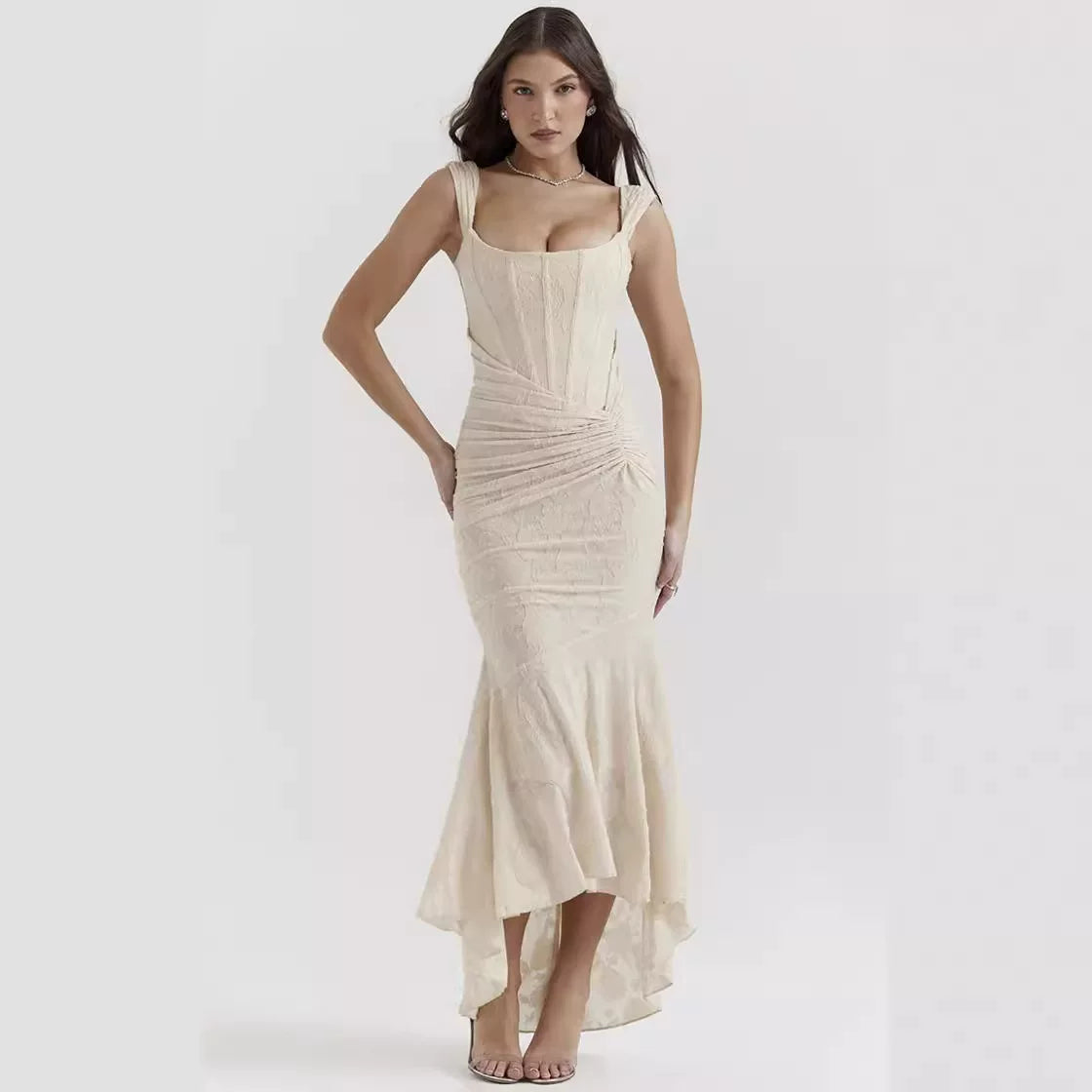 Kybecs| Strapless Jacquard Fishtai maxi Dress for Women – Pleated Waist Slim Fit Evening Style