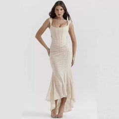 Kybecs| Strapless Jacquard Fishtai maxi Dress for Women – Pleated Waist Slim Fit Evening Style