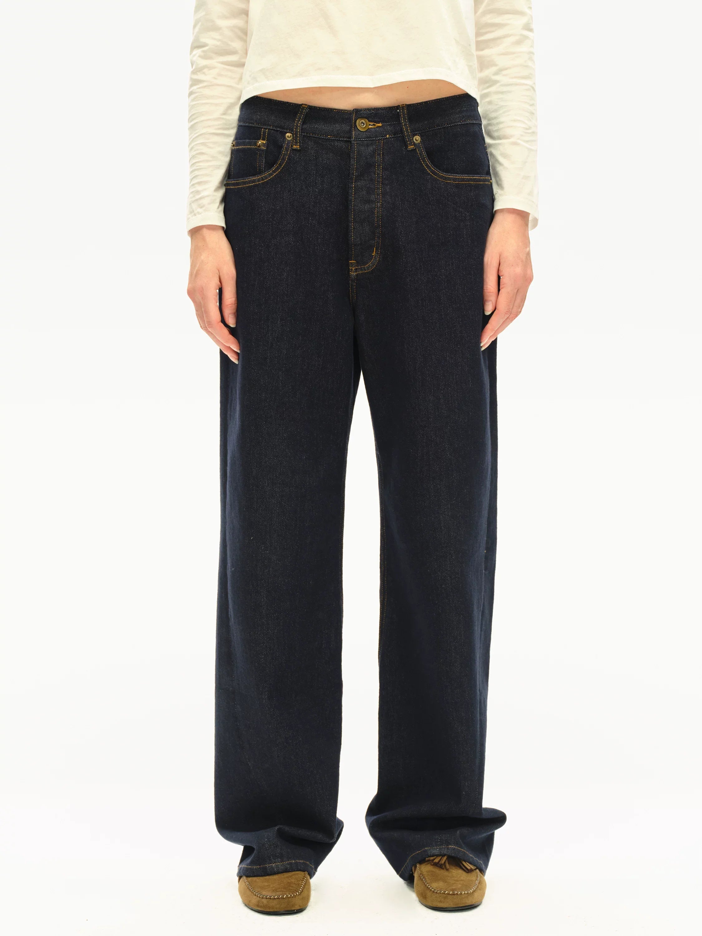Kybecs| Women’s Vintage Dark Blue Low-Rise Straight Jeans – Loose-Fit Raw Denim for Spring & Summer