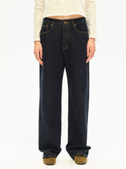 Kybecs| Women’s Vintage Dark Blue Low-Rise Straight Jeans – Loose-Fit Raw Denim for Spring & Summer