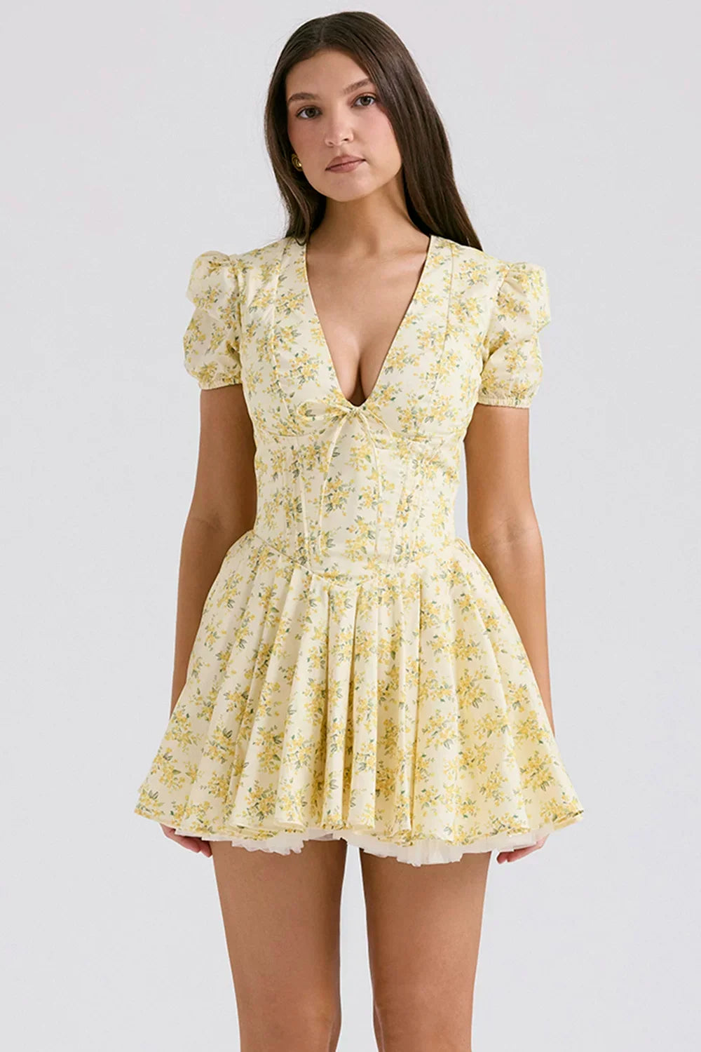 Kybecs| Yellow Floral Puff-Sleeve Deep V-Neck Midi Dress for Women – Puffy Sleeve Dress
