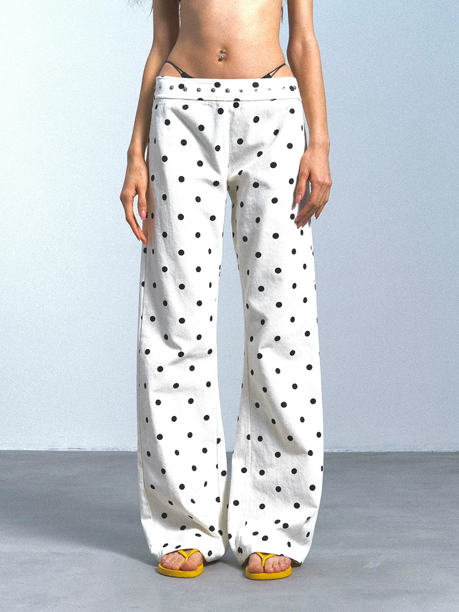 Kybecs| Women’s Polka-Dot Studded Cotton Straight-Leg Mid-Rise Trousers