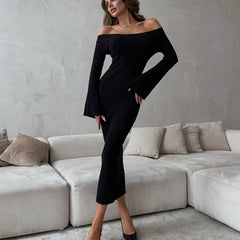 Kybecs| One-Shoulder Knitted High-Waist Midi Dress for Women – Bell Sleeve Slim-Fit Long Skirt