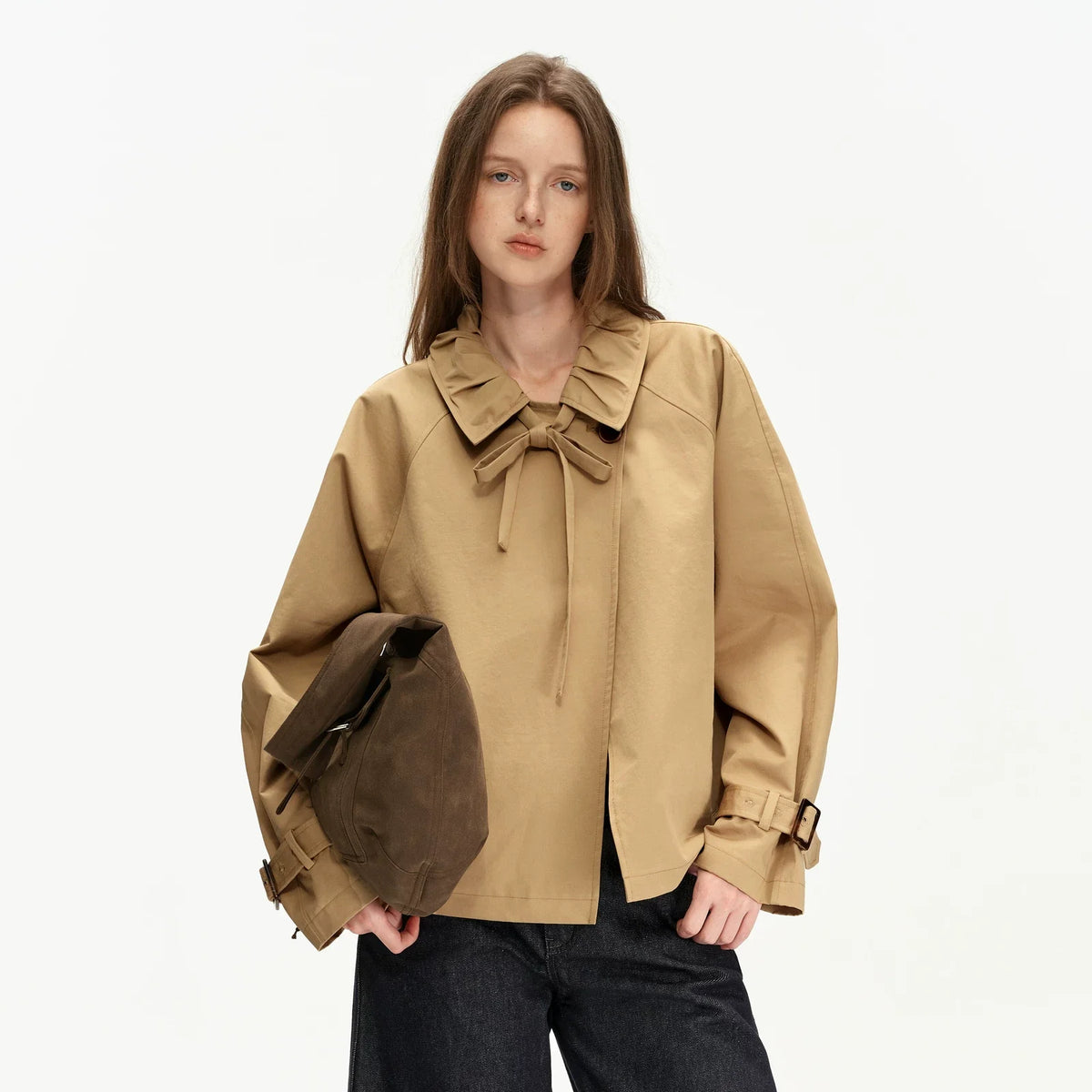 Kybecs | Women’s Cropped Khaki Windbreaker Jacket with Bow Strap Detail