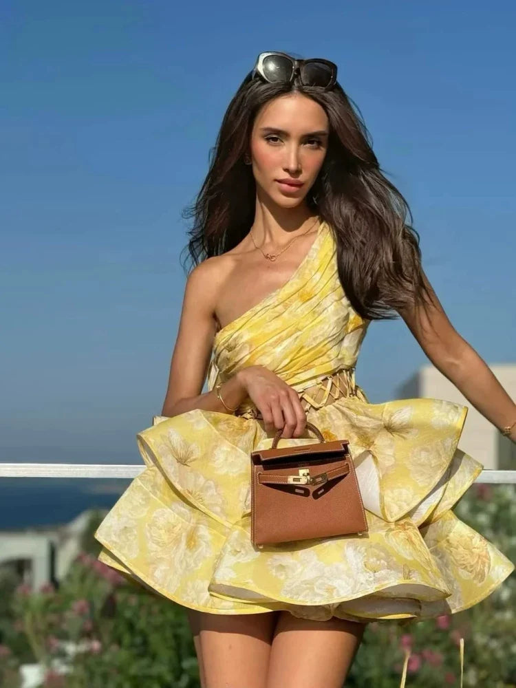 Kybecs| One-Shoulder Floral Hollow-Waist Midi Dress for Women – Puffy Skirt Summer Dress