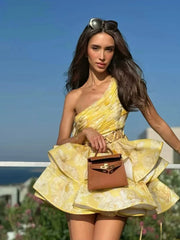 Kybecs| One-Shoulder Floral Hollow-Waist Midi Dress for Women – Puffy Skirt Summer Dress