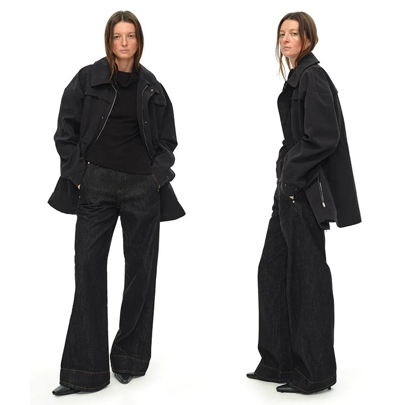 Kybecs | Women’s Black Mid-Length Thickened Windbreaker Jacket with Adjustable Drawstring