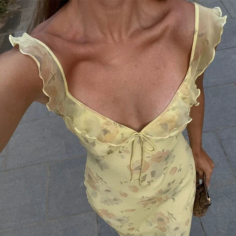 Kybecs | French Retro Floral Ruffled V-Neck Strappy Backless Maxi Dress