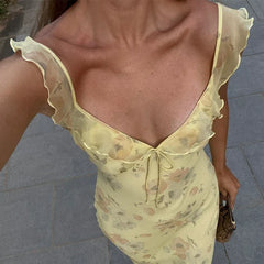 Kybecs | French Retro Floral Ruffled V-Neck Strappy Backless Maxi Dress