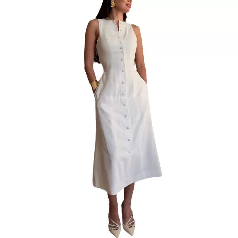 Kybecs| Sleeveless Button Waist Dress for Women – Elegant Slim Fit Summer Style