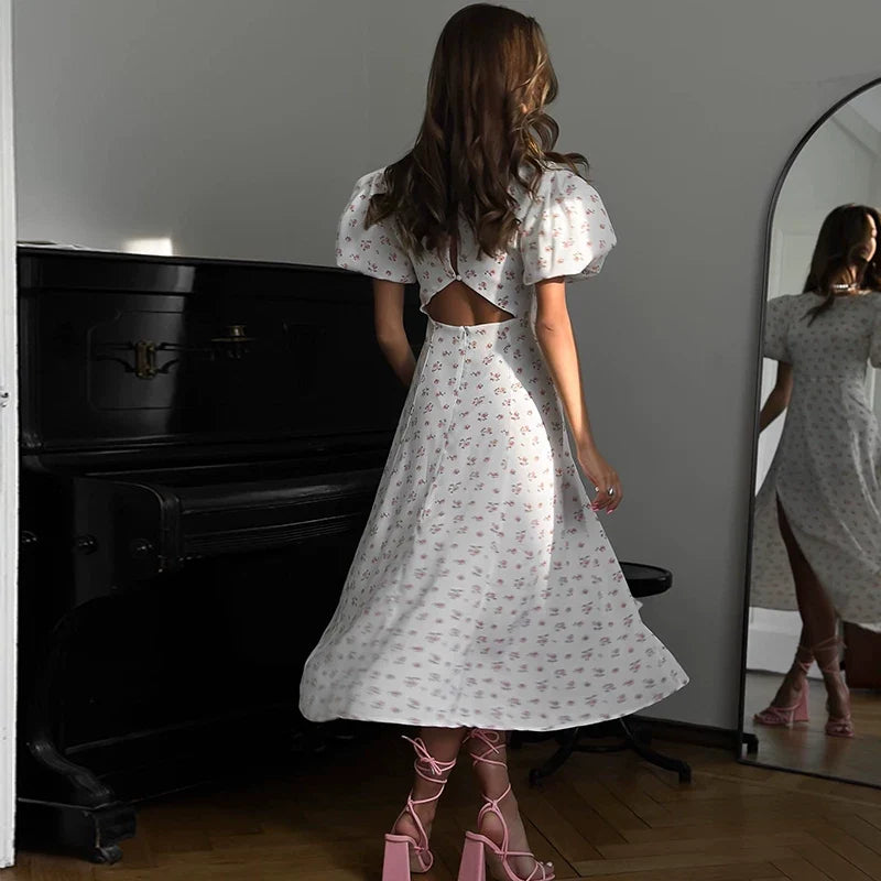 Kybecs| Floral Puff Sleeve High Waist A-Line maxi Dress for Women – Elegant Back Cutout Slit Style