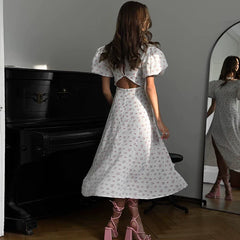 Kybecs| Floral Puff Sleeve High Waist A-Line maxi Dress for Women – Elegant Back Cutout Slit Style