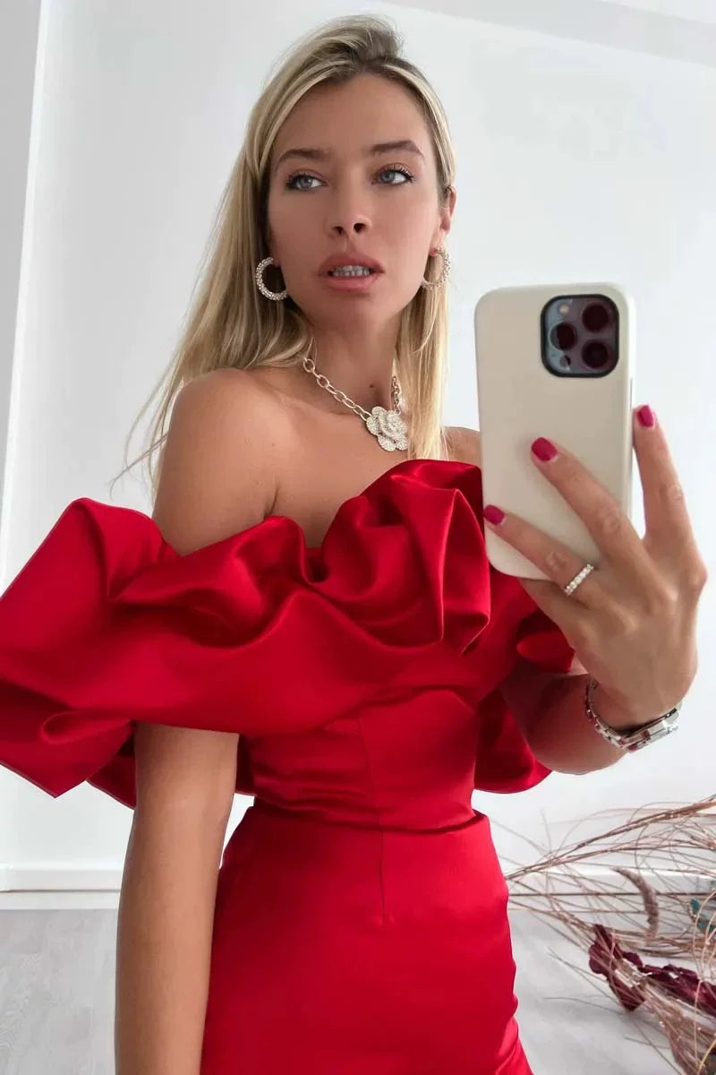 Kybecs| Ruffled One-Shoulder Party midi Dress for Women – Elegant Light Luxury Occasion Style