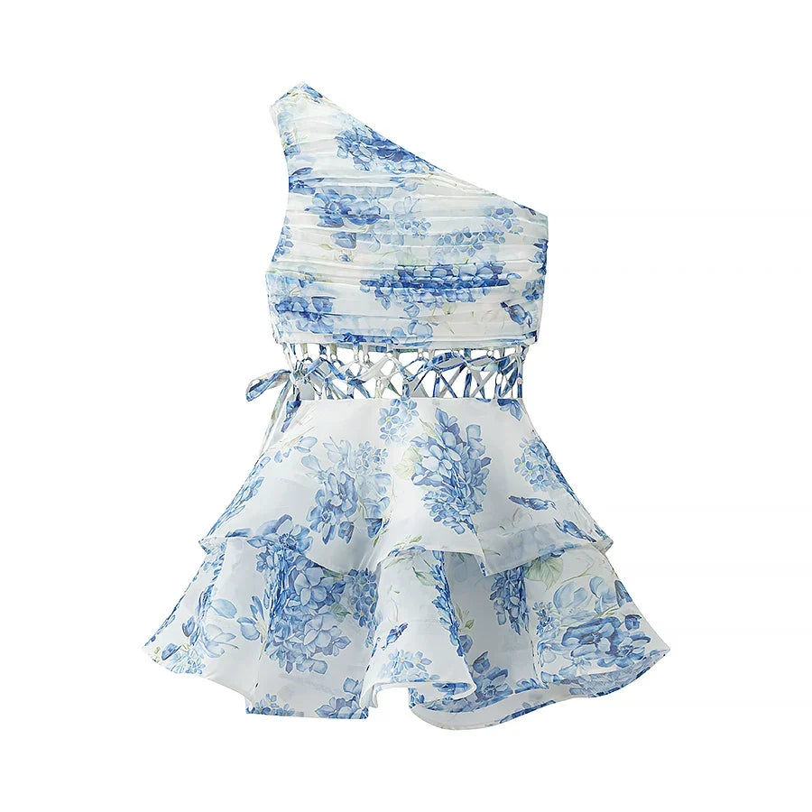 Kybecs| One-Shoulder Floral Hollow-Waist Midi Dress for Women – Puffy Skirt Summer Dress
