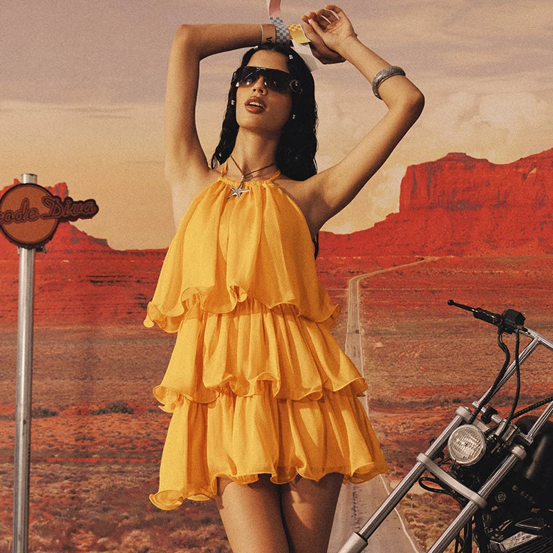 Kybecs | Romantic Lotus Leaf Silk Mini Dress Vacation Wear