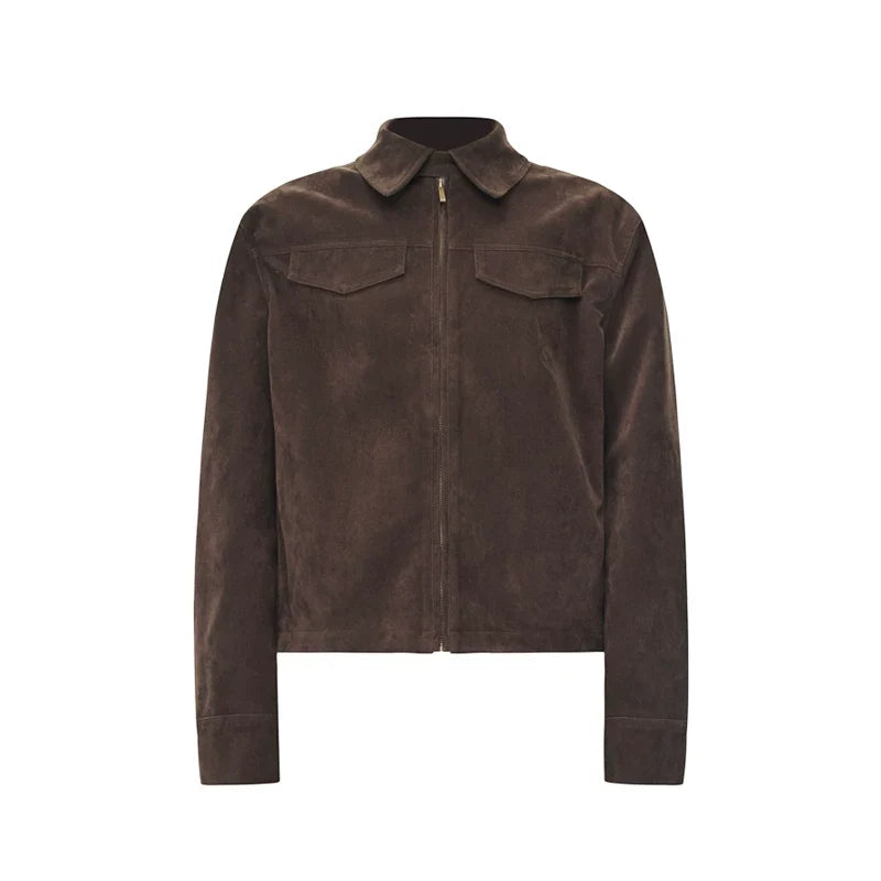 Kybecs| Women’s Brown Faux Suede Zipper Jacket – Casual Streetwear Coat