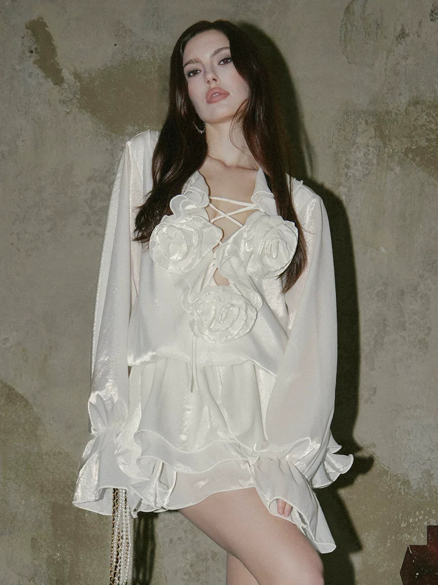 Kybecs | Shallow Sea Satin Floral Layered Shirt mini Dress Bright Silk
