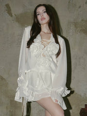 Kybecs | Shallow Sea Satin Floral Layered Shirt mini Dress Bright Silk