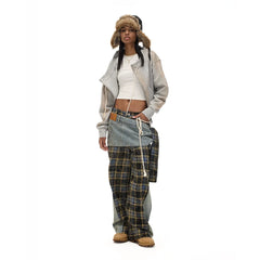 Kybecs| Women’s Plaid Denim Trousers with Detachable Girdle – Multi-Wear Fall and Winter Style