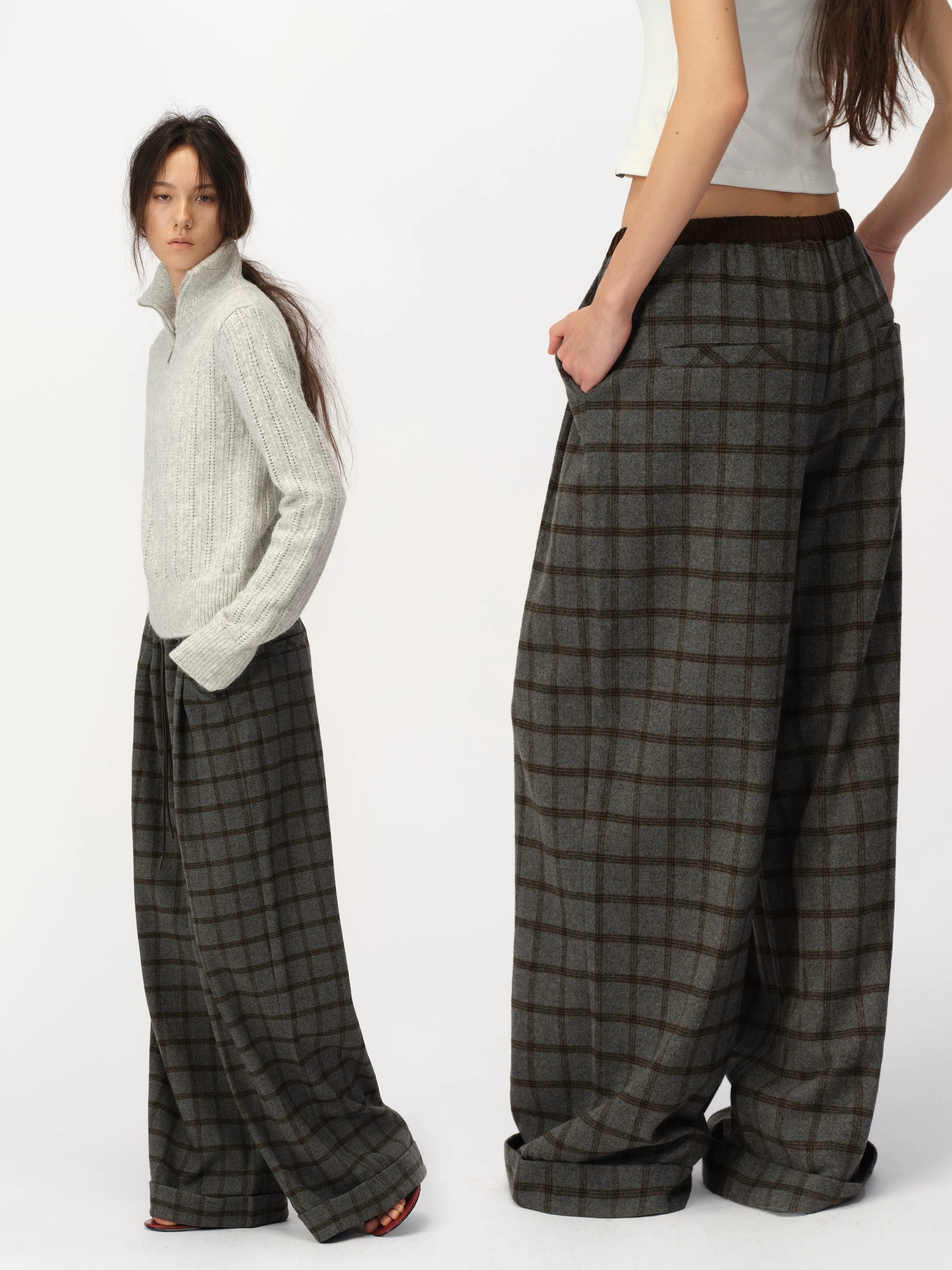 Kybecs| Women’s Woolen Plaid Wide-Leg Trousers – Loose Slimming Straight-Leg Pants for Fall & Winter
