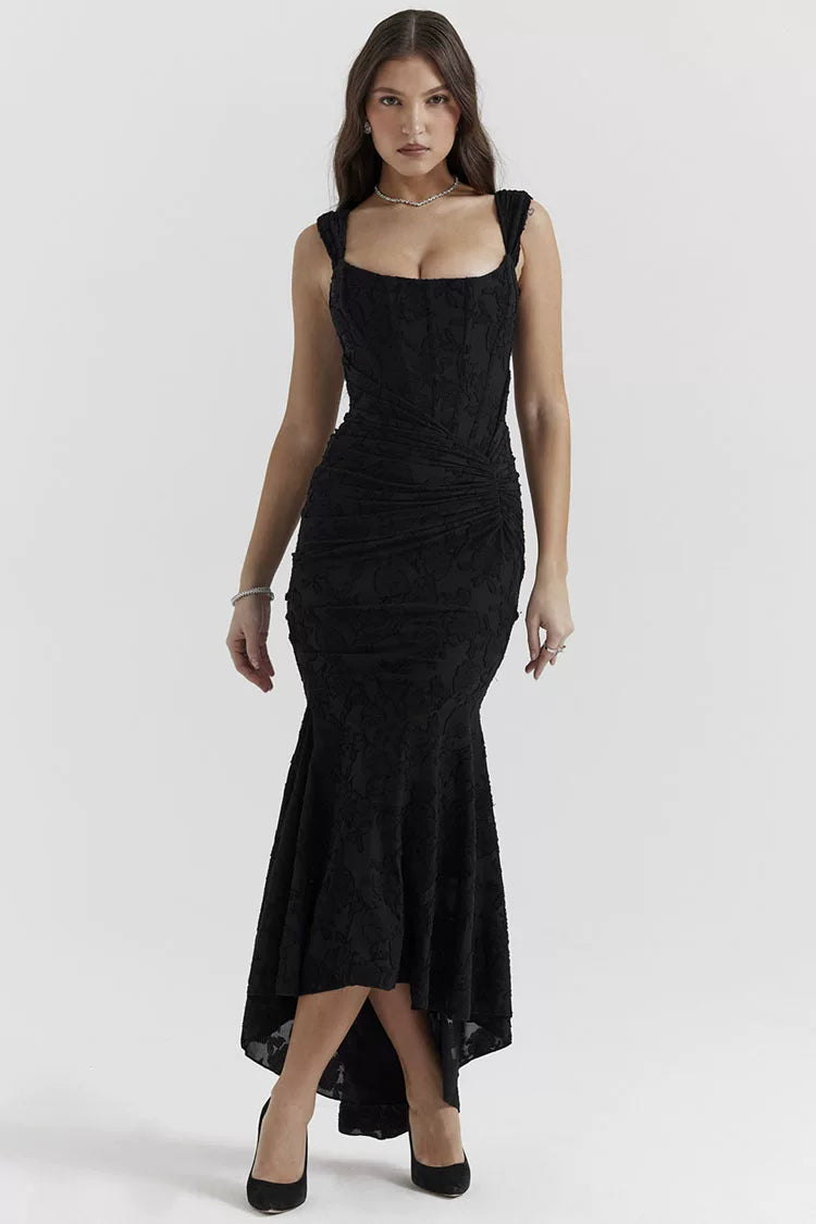 Kybecs| Strapless Jacquard Fishtai maxi Dress for Women – Pleated Waist Slim Fit Evening Style
