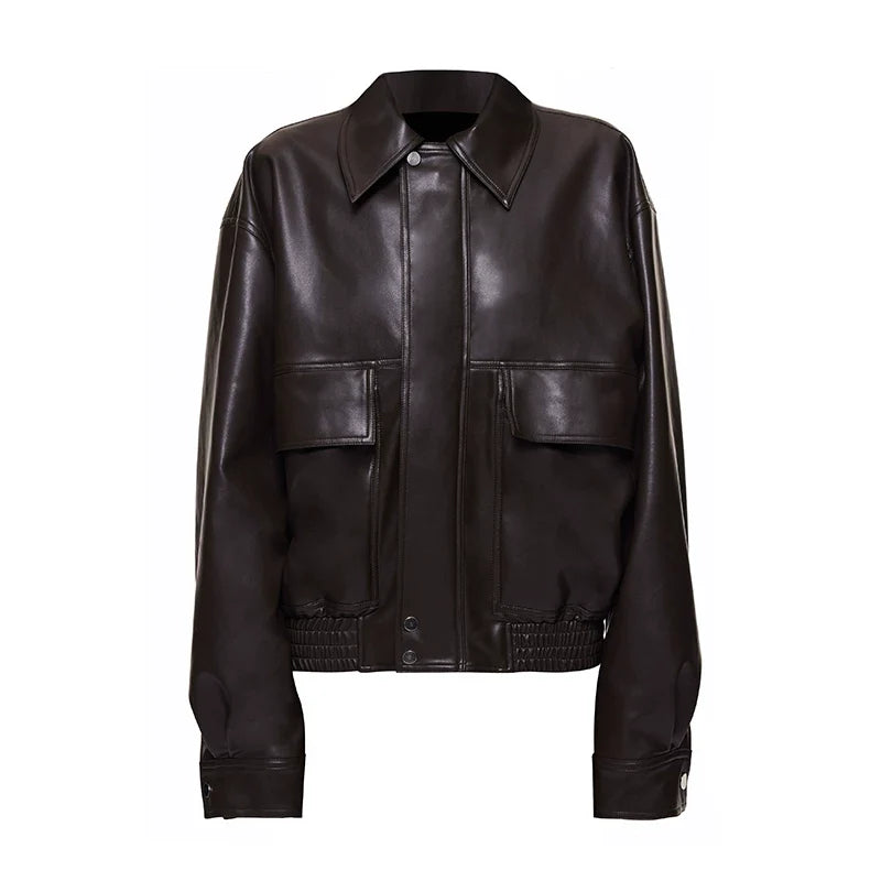 Kybecs| Women’s Brown PU Leather Zipper Jacket – Loose Fit Washed Leather Streetwear Coat