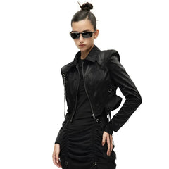 Kybecs | Women’s Cropped Street Style Motorcycle Jacket with Structured Shoulders and Bell Sleeves