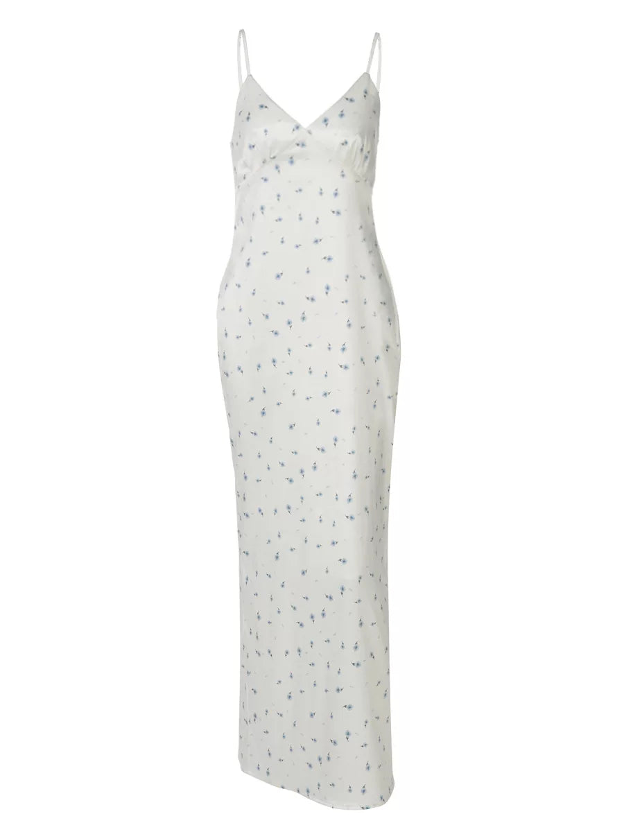 Kybecs| Small Floral V-Neck Strappy Midi Dress for Women – Slim Waist Long Skirt