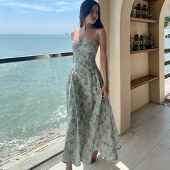 Kybecs| Rose Print Strappy maxi  Dress for Women – Waist-Defined Elegant Holiday Style