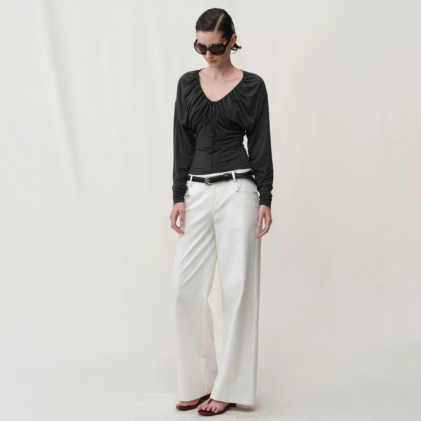 Kybecs| Women’s Classic White & Khaki Low-Waist Straight Wide-Leg Casual Pants
