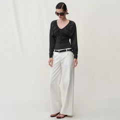 Kybecs| Women’s Classic White & Khaki Low-Waist Straight Wide-Leg Casual Pants
