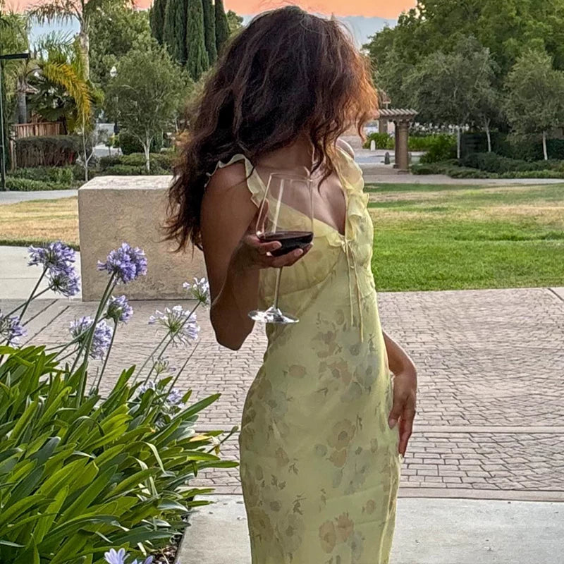 Kybecs | French Retro Floral Ruffled V-Neck Strappy Backless Maxi Dress